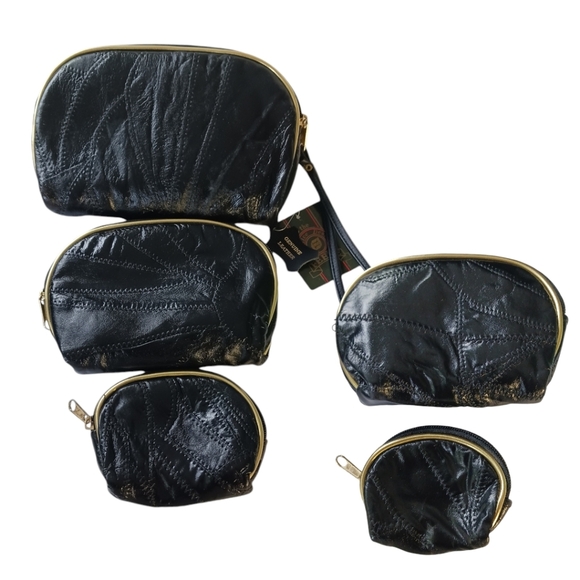 Set of 5 Vintage Feene Bags Cosmetic Coin Pouch Travel Jewlery Black Leather - Picture 1 of 5